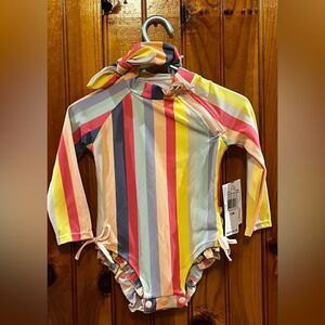 Jessica Simpson Striped one piece baby swimsuit matching bow Size 12 M NWT